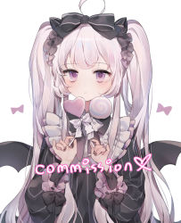 Rule 34 | 1girl, ahoge, bat wings, black bow, black dress, black nails, black wings, blush, bow, candy, closed mouth, commission, diamond-shaped pupils, diamond (shape), dress, food, hair bow, hands up, heart, heart-shaped lollipop, holding, holding candy, holding food, holding lollipop, lollipop, long hair, long sleeves, looking at viewer, moffle (ayabi), nail polish, original, puffy long sleeves, puffy sleeves, purple eyes, shaped lollipop, silver hair, simple background, solo, swirl lollipop, symbol-shaped pupils, twintails, upper body, very long hair, white background, white bow, wings