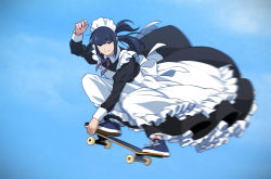 Rule 34 | 1girl, apron, black dress, black hair, blue footwear, blue sky, closed eyes, commentary request, dress, frilled dress, frills, juliet sleeves, long sleeves, low twintails, maid, maid apron, maid headdress, motion blur, original, puffy sleeves, shoes, skateboard, skating, sky, sneakers, solo, suzushiro (suzushiro333), twintails, white apron