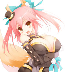 Rule 34 | 10s, 1girl, :d, animal ears, bare shoulders, blush, breasts, cleavage, covered erect nipples, detached sleeves, fang, fate/extra, fate (series), fox ears, fox tail, huge breasts, kurikara, looking at viewer, official alternate costume, open mouth, pink hair, simple background, smile, solo, tail, tamamo no mae (fate/extra), tamamo no mae (sable mage) (fate), twintails, white background, yellow eyes