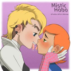 Rule 34 | 2girls, after kiss, age difference, artist name, asymmetrical hair, baraag username, ben 10, blue eyes, bodysuit, crossover, ear piercing, earclip, eyebrow piercing, fanbox username, female focus, french kiss, from side, green eyes, gwen stacy, gwen tennyson, hands on another&#039;s face, highres, hood, hood down, kiss, looking at another, marvel, mistic hobo, multiple girls, onee-loli, open mouth, orange hair, piercing, pixiv username, profile, purple background, saliva, saliva trail, short hair, smile, spider-man: into the spider-verse, spider-man (series), spider-verse, spider web print, teeth, tongue, tongue out, upper teeth only, yuri