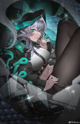 Rule 34 | 1girl, absurdres, aqua eyes, arknights, black jacket, black leggings, closed mouth, commentary request, crop top, feet out of frame, film grain, grey hair, hand on own hip, head wings, highres, ho&#039;olheyak (arknights), index finger raised, jacket, knees up, leggings, light particles, long sleeves, looking at viewer, medium hair, midriff, navel, open clothes, open jacket, snake tail, solo, tail, ukulu, wings