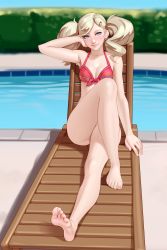 Rule 34 | 1girl, absurdres, barefoot, bikini, blonde hair, blue eyes, blurry, blurry background, blush, breasts, chair, cleavage, closed mouth, feet, full body, hair ornament, hairclip, highres, kairunoburogu, looking at viewer, lounge chair, megami tensei, persona, persona 5, red bikini, smile, soles, solo, swimsuit, takamaki anne, twintails, water