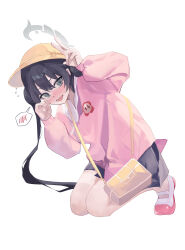 1569847238 1girl absurdres bag black_hair black_skirt blue_archive blush commentary_request double_bun grey_eyes grey_halo hair_between_eyes hair_bun halo hat highres kindergarten_uniform kisaki_(blue_archive) kisaki_(kindergarten_uniform)_(blue_archive) kneeling long_hair looking_at_viewer official_alternate_costume pink_footwear pink_shirt school_hat shirt simple_background skirt smile solo speech_bubble v white_background yellow_bag yellow_hat