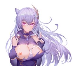 Rule 34 | 1girl, :d, absurdres, breasts, choker, closed mouth, cone hair bun, dress, fingerless gloves, genshin impact, gloves, hair between eyes, hair bun, hair ornament, highres, huge filesize, index finger raised, jinjide shaonian, keqing (genshin impact), large breasts, long hair, looking at viewer, nipples, no bra, open mouth, pink eyes, purple choker, purple gloves, purple hair, simple background, smile, solo, torn clothes, torn dress, upper body, white background