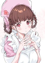 Rule 34 | 1girl, blush, braided hair rings, brown hair, dress, hat, heart, highres, idolmaster, idolmaster shiny colors, looking at viewer, mushi024, nurse, nurse cap, parted lips, pink dress, red eyes, simple background, solo, sonoda chiyoko, steepled fingers, upper body, white background