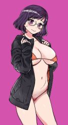 Rule 34 | 1girl, bare hips, bikini, blush, breasts, colorized, embarrassed, glasses, jacket, large breasts, looking at viewer, medium hair, micro bikini, open clothes, open jacket, original, please! freeze! please!, purple background, purple eyes, shiwasu no okina, solo, sweat, swimsuit, tagme, thighs