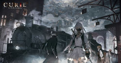 Rule 34 | 2boys, 2girls, building, city, coat, curse: two worlds one destiny, dress, gloves, hands in pockets, hat, highres, light brown hair, lococo:p, long hair, mask, mouth mask, multiple boys, multiple girls, plague doctor mask, shirt, short hair, steam, steampunk, sword, thigh strap, train, train station, underground, weapon, white dress, white hair