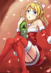 Rule 34 | 10s, 1girl, absurdres, ayase eli, bare shoulders, blonde hair, blue eyes, blush, bow, breasts, christmas, cleavage, garter straps, hair bow, highres, looking at viewer, looking to the side, love live!, love live! school idol project, medium breasts, open mouth, panties, ponytail, red thighhighs, santa costume, solo, tears, thighhighs, underwear, yuyan