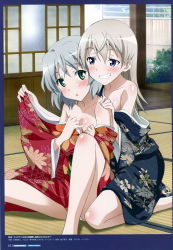Rule 34 | 2girls, absurdres, blue border, blue eyes, blush, border, breasts, cleavage, eila ilmatar juutilainen, green eyes, grey hair, grin, highres, indoors, japanese clothes, kimono, long hair, multiple girls, no bra, onoda masahito, open clothes, open mouth, open shirt, panties, sanya v. litvyak, shiny skin, short hair, small breasts, smile, strike witches, teeth, underwear, undressing, white hair, white panties, wooden floor, world witches series, yuri