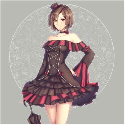 Rule 34 | 1girl, bare shoulders, black choker, black dress, borrowed design, breasts, choker, collarbone, commentary request, cowboy shot, dress, flower, frilled dress, frills, hair over one eye, hand on own hip, hat, highres, meiko (vocaloid), mini hat, off-shoulder dress, off shoulder, red flower, red rose, rose, small breasts, solo, tilted headwear, umbrella, vocaloid, wide sleeves, yen-mi