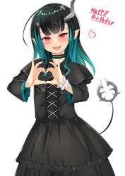 Rule 34 | 1girl, nanashi inc., alternate costume, black capelet, black dress, black hair, blue hair, blush, capelet, choker, collared capelet, commentary request, cowboy shot, cross-laced clothes, cross-laced dress, demon girl, demon horns, demon tail, dress, fang, flat chest, frilled choker, frills, gothic lolita, green choker, grey background, happy birthday, heart, heart hands, highres, horns, kasumasu (tales75), lolita fashion, long hair, long sleeves, looking at viewer, multicolored hair, open mouth, pointy ears, red eyes, shishio chris, simple background, smile, solo, sugar lyric, tail, two-tone hair, virtual youtuber