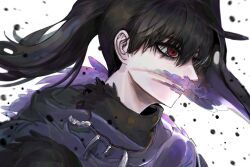 Rule 34 | 1boy, black clover, black hair, black shirt, cloak, highres, jewelry, korean commentary, looking to the side, min2lullr, nacht faust, necklace, plague doctor mask, ponytail, purple cloak, red eyes, shirt, solo, white background
