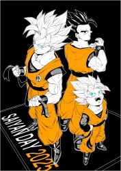 black_background brothers dougi dragon_ball dragonball_z family father_and_son green_eyes highres limited_palette medium_hair muscular muscular_male orange_pants orange_shirt pants partially_colored potential_unleashed shirt short_hair siblings simple_background son_gohan son_gohan_love son_goku son_goten spiked_hair super_saiyan super_saiyan_1