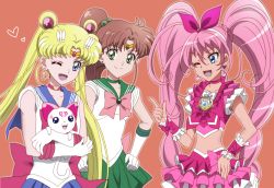 Rule 34 | 10s, 3girls, ;d, bishoujo senshi sailor moon, bishoujo senshi sailor moon crystal, blonde hair, blue eyes, blue sailor collar, brooch, brown hair, cat, choker, company connection, crossover, cure melody, earrings, female focus, gloves, green eyes, hair bobbles, hair ornament, hair ribbon, hand on own hip, heart, heart brooch, heart earrings, houjou hibiki, hummy (suite precure), jewelry, kino makoto, koshimizu ami, long hair, looking at viewer, magical girl, midriff, mitsuishi kotono, multiple girls, one eye closed, onomekaman, open mouth, pink hair, ponytail, precure, ribbon, sailor collar, sailor jupiter, sailor moon, sailor senshi, school uniform, serafuku, simple background, smile, star (symbol), star earrings, suite precure, tiara, toei animation, tsukino usagi, twintails, voice actor connection, wink
