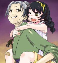 Rule 34 | 2girls, aged down, arms around neck, bandaid, bandaid on knee, bandaid on leg, black hair, brown eyes, camisole, cane, carrying, commentary, girls und panzer, grandmother and granddaughter, green kimono, grey hair, grin, hair bun, hair ribbon, highres, japanese clothes, kimono, long hair, long sleeves, looking at another, looking at viewer, multiple girls, nabeyu, one eye closed, open mouth, piggyback, reizei hisako, reizei mako, ribbon, short hair, shorts, smile, standing, tearing up, white camisole, yellow ribbon, yellow shorts