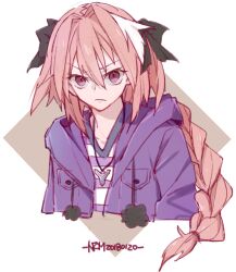Rule 34 | &gt;:(, 1boy, androgynous, angry, astolfo (fate), black bow, bow, braid, chungyun high, cross, cross necklace, dated, fang, fate/apocrypha, fate/grand order, fate (series), glaring, hair bow, hair intakes, highres, hood, hooded jacket, jacket, jewelry, long braid, long hair, male focus, multicolored hair, necklace, pink hair, pom pom (clothes), purple eyes, shirt, single braid, skin fang, solo, streaked hair, striped clothes, striped shirt, two-tone hair, upper body, v-neck, v-shaped eyebrows, white background, white hair