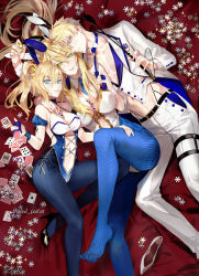 Rule 34 | 1boy, 2girls, ahoge, alternate costume, animal ears, arm around neck, arthur pendragon (fate), artoria pendragon (all), artoria pendragon (fate), artoria pendragon (swimsuit ruler) (fate), bare shoulders, belt, belt buckle, black footwear, blue eyes, blue leotard, blue neckwear, blue pantyhose, blush, breasts, buckle, card, center opening, cleavage, collarbone, crown, detached collar, fake animal ears, fate/grand order, fate (series), fishnet pantyhose, fishnets, from above, green eyes, hair between eyes, high heels, highleg, highleg leotard, holding dice, jacket, large breasts, leg up, leotard, long hair, long sleeves, looking at viewer, lying, male playboy bunny, medium breasts, multiple girls, navel, necktie, necktie grab, neckwear grab, on back, open clothes, open jacket, pants, pantyhose, parted lips, playboy bunny, playing card, poker chip, ponytail, pvc parfait, rabbit ears, riding crop, saber (fate), shoes, unworn shoes, smile, stomach, thigh strap, twitter username, vest, white footwear, white jacket, white leotard, white pants, white vest, wrist cuffs