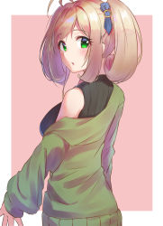 Rule 34 | 1girl, ahoge, alternate costume, arms at sides, black sweater, blonde hair, blue bow, blush, bow, breasts, curly hair, eyelashes, eyes visible through hair, from behind, green eyes, green jacket, hair bow, hair intakes, highres, idolmaster, idolmaster cinderella girls, jacket, kurumi tsuchi, large breasts, lips, looking at viewer, looking back, medium hair, off shoulder, parted lips, pink background, ribbed sweater, sato shin, simple background, sleeveless, sleeveless sweater, sleeves past wrists, solo, square, standing, sweater, twintails, upper body