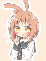 Rule 34 | 10s, 1girl, :d, animal ears, ayanepuna, beige background, blush, brown eyes, brown hair, commentary request, flying sweatdrops, grey neckwear, grey sailor collar, hands up, highres, ichinose hana, kemonomimi mode, long sleeves, looking at viewer, one side up, open mouth, outline, rabbit ears, sailor collar, school uniform, serafuku, shirt, sidelocks, slow start, smile, solo, sweat, upper body, white outline, white shirt
