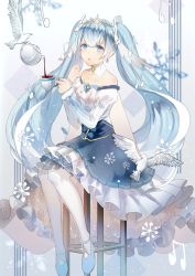 Rule 34 | 1girl, absurdres, bare shoulders, bird, blue eyes, blush, breasts, brooch, cup, detached collar, detached sleeves, dove, dress, drinking glass, earrings, floating hair, frilled skirt, frills, gem, hair ornament, hair wings, hatsune miku, highres, holding, holding cup, jewelry, long hair, long sleeves, musical note, open mouth, pantyhose, pleated skirt, puffy sleeves, shoes, sitting, skirt, small breasts, snowflake print, snowflakes, solo, striped clothes, striped dress, symbol-shaped pupils, tadatsu, teacup, teapot, tiara, twintails, very long hair, vocaloid, white dress, white pantyhose, wings, yuki miku