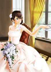 Rule 34 | 10s, 1girl, bouquet, brown hair, dress, flower, highres, hkn (ringya), jewelry, kaga (kancolle), kantai collection, necklace, ring, short hair, side ponytail, smile, solo focus, tears, wedding dress