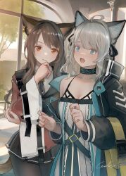 Rule 34 | 2girls, absurdres, ahoge, animal ear fluff, animal ears, arknights, black jacket, black pantyhose, black skirt, blue eyes, breasts, brown hair, cleavage, closed mouth, collarbone, collared shirt, commentary request, dress, ear piercing, grey hair, highres, indoors, jacket, long sleeves, mint (arknights), multiple girls, open clothes, open jacket, open mouth, pantyhose, piercing, pleated skirt, puffy long sleeves, puffy sleeves, red eyes, shirt, signature, skirt, skyfire (arknights), small breasts, tail, welt (kinsei koutenkyoku), white dress, white shirt