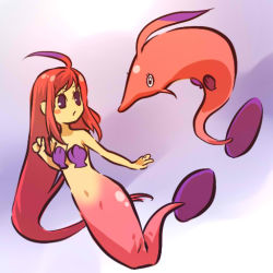 Rule 34 | 00s, 1girl, ahoge, animal, blush stickers, clothed animal, colored skin, creatures (company), dual persona, dyed ahoge, eye contact, game freak, gen 3 pokemon, gorebyss, hitec, jpeg artifacts, long hair, looking at another, mermaid, moemon, monster girl, multicolored hair, navel, nintendo, personification, pokemon, pokemon (creature), pokemon rse, purple hair, red hair, seashell, shell, shell bikini, two-tone hair, very long hair, yellow skin