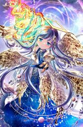 Rule 34 | 1girl, absurdly long hair, armor, armored gloves, blending, blue dress, blue hair, blush, breastplate, crescent, dress, game cg, gloves, hair intakes, halo, highres, holding, holding weapon, jupiter (planet), long dress, long hair, looking at viewer, low wings, magia record: mahou shoujo madoka magica gaiden, mahou shoujo madoka magica, multiple wings, nanami yachiyo, nanami yachiyo (historia ver.), official art, parted lips, planet, reaching, reaching towards viewer, saturn (planet), solo, sparkle, rectangular halo, very long hair, weapon, weapon request, white armor, white dress, wings