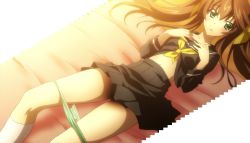 Rule 34 | 10s, bow, green eyes, hair bow, highres, huang lingyin, infinite stratos, midriff, panties, panties around thighs, school uniform, screencap, solo, stitched, third-party edit, underwear