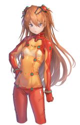 Rule 34 | 1girl, absurdres, blue eyes, blush, bodysuit, breasts, commentary, covered navel, deluxe&lt;&lt;&lt;, frown, hand on own hip, highres, interface headset, long hair, looking at viewer, multicolored bodysuit, multicolored clothes, neon genesis evangelion, open mouth, orange hair, pilot suit, plugsuit, red bodysuit, simple background, solo, souryuu asuka langley, standing, test plugsuit, white background
