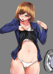 Rule 34 | 10s, 1girl, blue eyes, blush, brown hair, clothes lift, hand fan, highres, lifted by self, miyamori aoi, navel, norman maggot, open mouth, panties, shirobako, shirt lift, short hair, simple background, solo, sweat, underwear, white panties