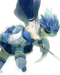 Rule 34 | 10s, 1girl, armband, blue hair, cape, female focus, foreshortening, gloves, gradient background, hidden eyes, magical girl, mahou shoujo madoka magica, mahou shoujo madoka magica (anime), miki sayaka, neko3, shaded face, short hair, solo, sword, tears, thighhighs, weapon, white background, zettai ryouiki