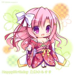 Rule 34 | 1girl, :d, bad id, bad pixiv id, blush, bow, breasts, brown footwear, character name, cherry blossoms, chibi, cleavage, commentary request, copyright request, floral background, floral print, hair between eyes, hair bow, hair ornament, happy birthday, japanese clothes, kimono, large breasts, long hair, long sleeves, looking at viewer, off shoulder, open mouth, pink hair, print kimono, purple eyes, red kimono, red ribbon, ribbon, ryuuka sane, sleeves past wrists, smile, socks, solo, twitter username, very long hair, white bow, white socks, wide sleeves, x hair ornament