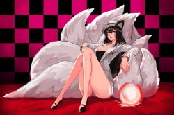 Rule 34 | 1girl, ahri (league of legends), alternate costume, animal ears, black hair, breasts, buttons, checkered background, cleavage, cosplay, energy ball, facial mark, fox ears, fox tail, full body, generation ahri, girls&#039; generation, goomrrat, hair between eyes, hat, high heels, k-pop, knees up, league of legends, legs, long hair, long legs, long sleeves, medal, military, military uniform, multiple tails, naval uniform, peaked cap, shoes, short shorts, shorts, sitting, slit pupils, smile, solo, tail, uniform, whisker markings, yellow eyes
