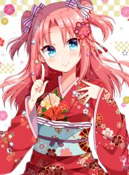 Rule 34 | 10s, 1boy, :&gt;, arikawa hime, blue eyes, bow, closed mouth, floral print, flower, hair bow, hair flower, hair ornament, hand on own chest, himegoto, index finger raised, japanese clothes, kimono, long hair, long sleeves, looking at viewer, male focus, obi, parted bangs, pink flower, pink hair, print kimono, red kimono, sash, sleeves past wrists, smile, standing, striped, striped bow, tassel, trap, tsukudani norio, two side up, upper body, white bow, wide sleeves