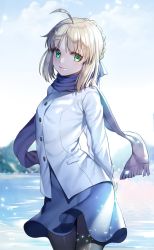 Rule 34 | 1girl, ahoge, arms behind back, artoria pendragon (all), artoria pendragon (fate), backlighting, blonde hair, blue skirt, blurry, braid, breasts, closed mouth, cloud, cloudy sky, cowboy shot, day, depth of field, eyelashes, fate/stay night, fate (series), ganik (pisshine), glowing, glowing eyes, green eyes, hair ribbon, highres, jacket, light particles, long sleeves, looking at viewer, medium breasts, miniskirt, mountain, official alternate costume, outdoors, pantyhose, pocket, purple scarf, ribbon, saber (fate), scarf, skirt, sky, smile, solo, water surface, white jacket