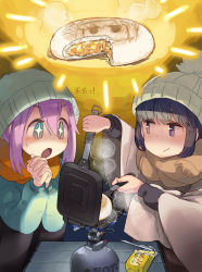 Rule 34 | 2girls, backpacking stove, beanie, blush, butter, butter knife, camping, commentary request, cooking, food, hat, highres, kagamihara nadeshiko, minawa, multiple girls, pantyhose, portable stove, scarf, shima rin, smirk, sparkling eyes, sweatdrop, translated, yurucamp