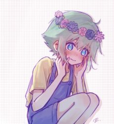Rule 34 | 1boy, basil (headspace) (omori), basil (omori), blue overalls, blush, closed mouth, green eyes, green hair, hands on own cheeks, hands on own face, head wreath, highres, looking away, omori, overall shorts, overalls, rofekinoko, shirt, short hair, short sleeves, solo, squatting, yellow shirt