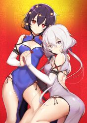 2girls absurdres akahito ass blue_hair breasts china_dress chinese_clothes cleavage dress hair_between_eyes hair_ornament highres konno_junko looking_at_viewer mizuno_ai multiple_girls panties short_hair string_panties twintails underwear white_hair zombie_land_saga