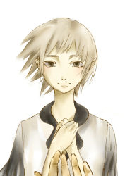 Rule 34 | 1girl, dress, grey eyes, ico, outstretched hand, own hands clasped, own hands together, pointy ears, sakai (pumpum-pkin 26), short hair, silver hair, solo, white dress, yorda