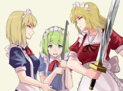 Rule 34 | 3girls, apron, ascot, back bow, black ribbon, blonde hair, blue dress, bow, breasts, broom, closed mouth, collared dress, commentary request, dress, frilled apron, frilled dress, frills, green eyes, green hair, holding, holding broom, holding sword, holding weapon, kamiya ueshi, light blue dress, maid apron, maid headdress, medium breasts, medium hair, mugetsu (touhou), multiple girls, open mouth, puffy short sleeves, puffy sleeves, red ascot, red dress, red ribbon, ribbon, serious, shirt, short hair, short sleeves, simple background, smile, sword, touhou, touhou (pc-98), waist apron, weapon, white background, worried, yellow eyes