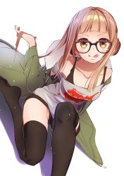 Rule 34 | 10s, 1girl, 6 (roku), :q, absurdres, bad id, bad pixiv id, black-framed eyewear, black footwear, black thighhighs, blush, breasts, brown eyes, brown hair, camisole, closed mouth, coat, collarbone, dutch angle, fur trim, glasses, green coat, headphones, highres, long hair, long sleeves, matching hair/eyes, medium breasts, off shoulder, omucchan (omutyuan), open clothes, open coat, persona, persona 5, sakura futaba, shirt, shoes, simple background, solo, thighhighs, tongue, tongue out, white background, white shirt