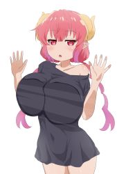 Rule 34 | 1girl, absurdres, black shirt, blush, breasts, cowboy shot, dragon girl, dragon horns, ero daisuki, glass, gradient hair, highres, horns, huge breasts, ilulu (maidragon), invisible wall, kobayashi-san chi no maidragon, long hair, looking at viewer, multicolored hair, open mouth, pointy ears, purple hair, red eyes, red hair, shiny skin, shirt, short sleeves, simple background, solo, thighs, twintails, two-tone hair, white background
