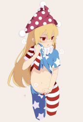 Rule 34 | 1girl, absurdres, american flag legwear, american flag print, american flag shirt, bad id, bad twitter id, blonde hair, blush, clownpiece, commentary request, cropped legs, grey background, hat, highres, jester cap, long hair, looking away, pantyhose, parted lips, print shirt, red eyes, saryuu (iriomote), short sleeves, signature, simple background, solo, standing, stomach, striped clothes, striped pantyhose, sweat, touhou, undressing