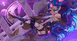 Rule 34 | 1boy, 1girl, blue eyes, blue hair, boots, breasts, breasts out, clenched teeth, clothed female nude male, elbow gloves, gloves, hetero, heterochromia, high heel boots, high heels, highres, imminent penetration, league of legends, leg grab, legs up, multicolored hair, nipples, nude, penis, planet, pointy ears, purple hair, pussy, red eyes, shuuko (s h uuko), small breasts, star-shaped pupils, star (symbol), star guardian (league of legends), star guardian zoe, symbol-shaped pupils, teeth, thigh boots, torn clothes, two-tone hair, uncensored, zoe (league of legends)