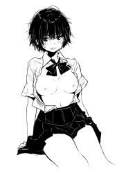 Rule 34 | 1girl, arm support, blush, bow, bowtie, breasts, collarbone, collared shirt, cowboy shot, d:, greyscale, hair between eyes, highres, invisible chair, looking at viewer, loose bowtie, matsuda hikari, medium breasts, messy hair, miniskirt, monochrome, nipples, no bra, open clothes, open mouth, open shirt, original, parted lips, pleated skirt, school uniform, shirt, shirt tucked in, short hair, short sleeves, simple background, sitting, sketch, skirt, solo, sweat, thighs, white background, wing collar