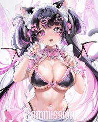 Rule 34 | 1girl, akuradere, alice vu, animal ears, apron, bell, bikini, black bikini, black eyes, black hair, bow, bowtie, breasts, cat ears, cat tail, claw pose, cleavage, collar, fangs, frilled bikini, frills, front-tie bikini top, front-tie top, hair ornament, hairclip, hands up, heterochromia, highleg, highres, indie virtual youtuber, jingle bell, large breasts, long hair, looking at viewer, mini wings, miniskirt, multicolored hair, nail art, navel, navel piercing, open mouth, piercing, pink collar, pink eyes, pink hair, pink skirt, revealing clothes, short sleeves, shrug (clothing), skindentation, skirt, slit pupils, smile, solo, stomach, streaked hair, swimsuit, tail, twintails, two-tone hair, very long hair, virtual youtuber, waist apron, wet, wings, wrist cuffs