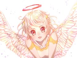 Rule 34 | 1girl, angel, angel wings, eyelashes, feathered wings, female focus, floating hair, halo, light particles, looking at viewer, nasse, parted lips, platinum end, red eyes, shiny skin, short hair, simple background, solo, teeth, upper body, white background, wings