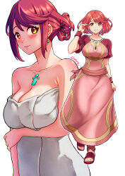 Rule 34 | 1girl, absurdres, bare shoulders, blush, breasts, chest jewel, closed mouth, commentary, dress, earrings, english commentary, full body, highres, jewelry, large breasts, looking at viewer, naked towel, pink dress, pyra (xenoblade), red eyes, red hair, sandals, short hair, short sleeves, simple background, smile, swept bangs, toenails, toes, towel, white background, white towel, xenoblade chronicles (series), xenoblade chronicles 2, you nf