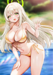 Rule 34 | 1girl, :d, absurdres, bikini, blonde hair, blue archive, blurry, blurry background, blush, breasts, dot nose, green eyes, halo, hand on own thigh, highres, large breasts, long hair, looking at viewer, navel, nonomi (blue archive), open mouth, outdoors, picter, side-tie bikini bottom, skindentation, smile, solo, stomach, swimsuit, thighs, very long hair, w, yellow bikini